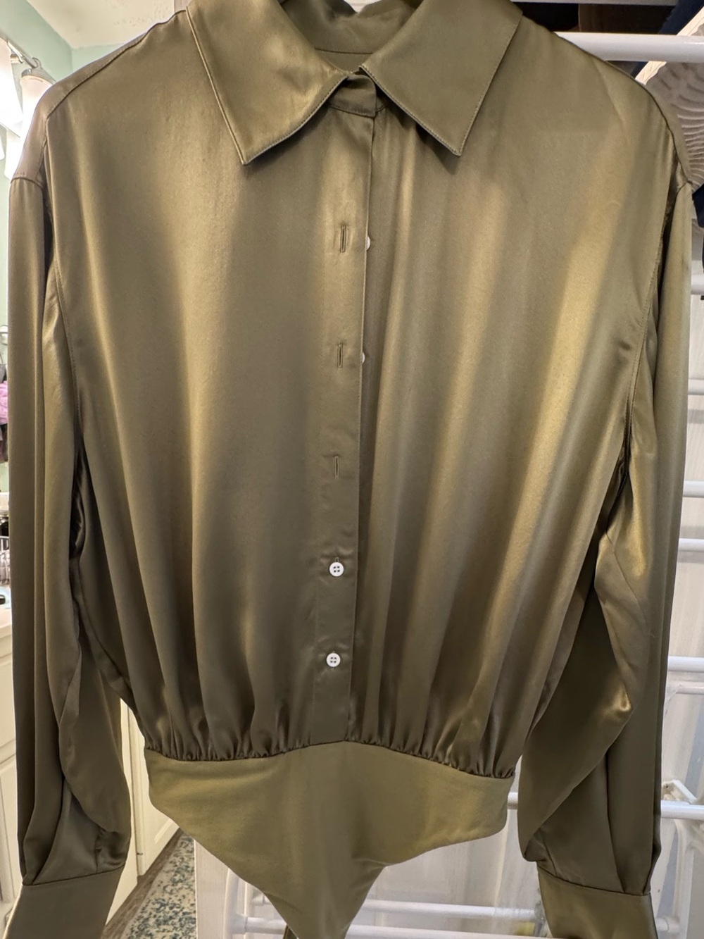 Victoria's Secret “Atelier Collection” Olive Green Asymmetrical Satin Blouse.